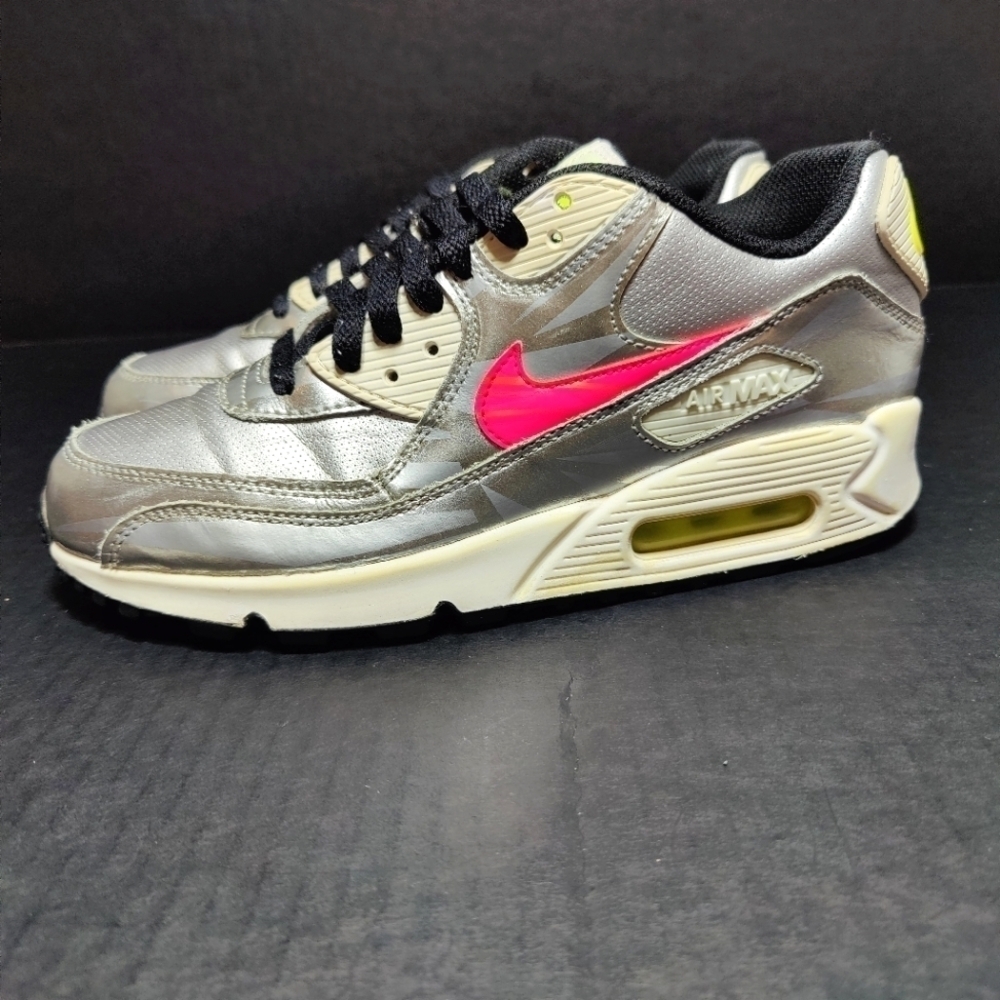 Nike Air Max 90 Metallic Silver Pink Neon Women's Big Girl Size 6.5Y